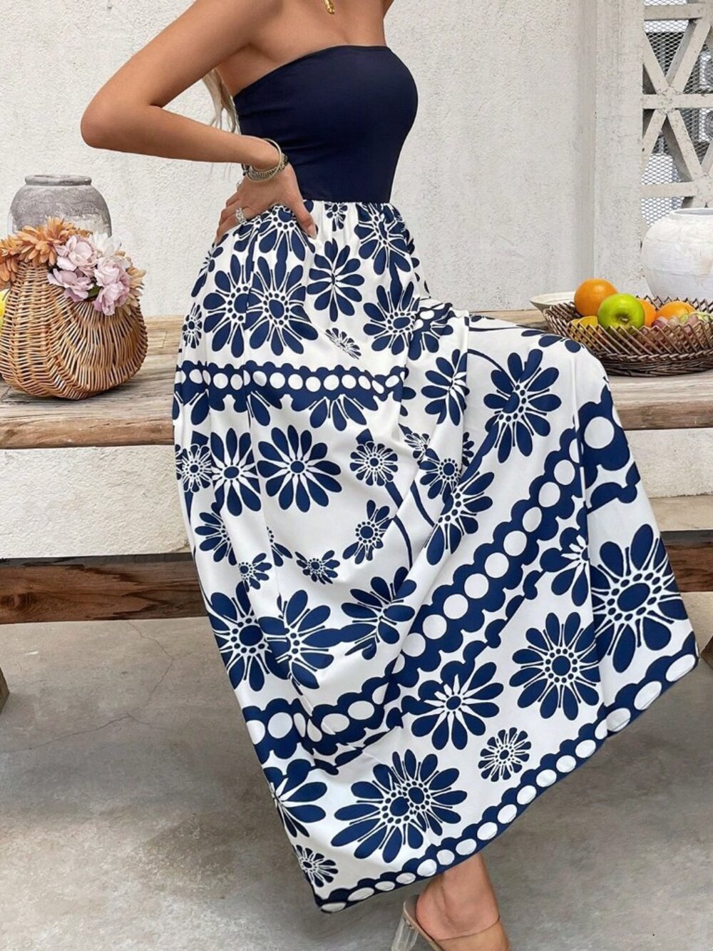 Blue Boho Women's Strapless Long Floral Dress - Picture 7 of 7
